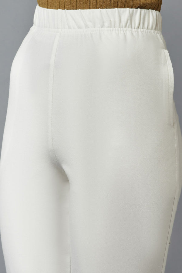Elleven Women's White Solid Flared Cotton Pants With Elasticated Waist