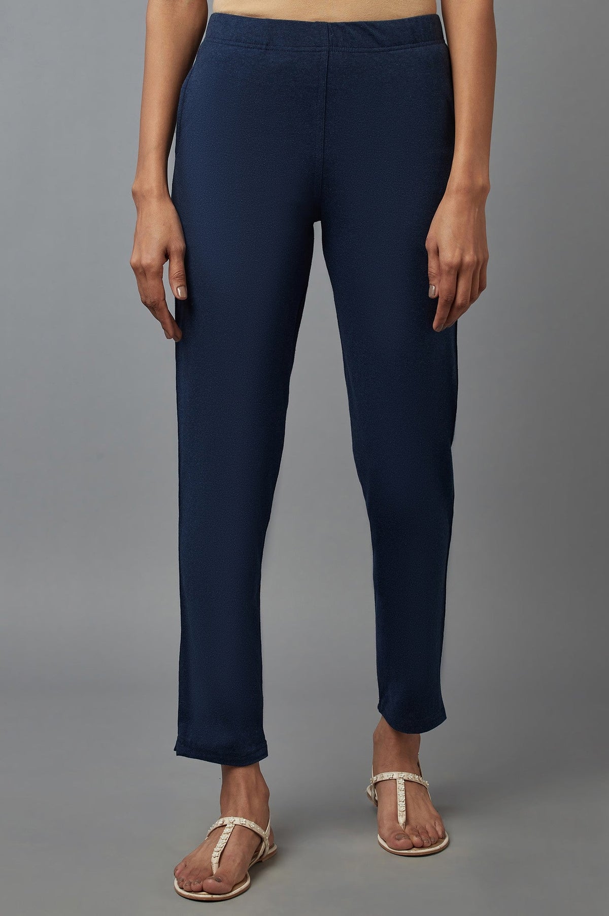 Navy Blue Solid Flared Cotton Pants with Elasticated Waist - S