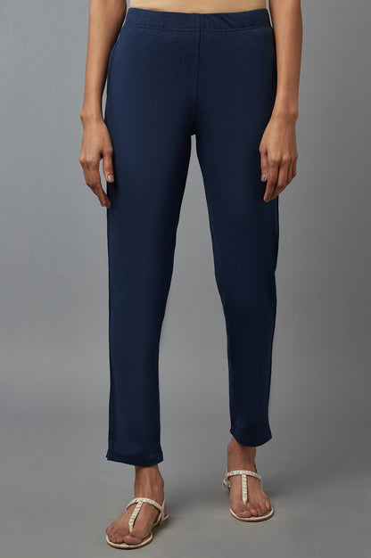 Navy Blue Solid Flared Cotton Pants with Elasticated Waist