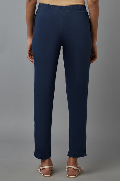 Navy Blue Solid Flared Cotton Pants with Elasticated Waist