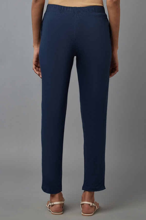 Navy Blue Solid Flared Cotton Pants with Elasticated Waist