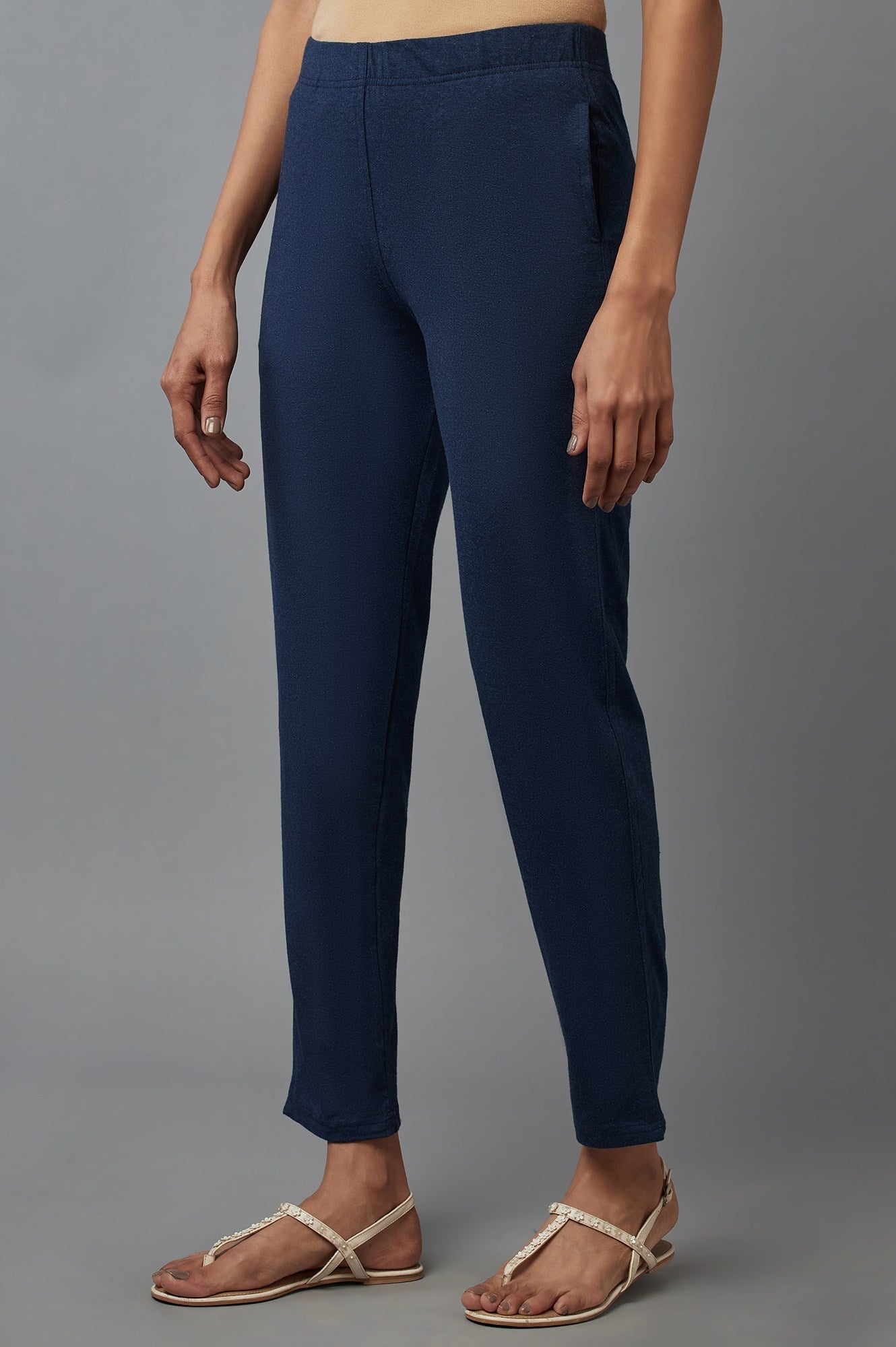 Navy Blue Solid Flared Cotton Pants with Elasticated Waist