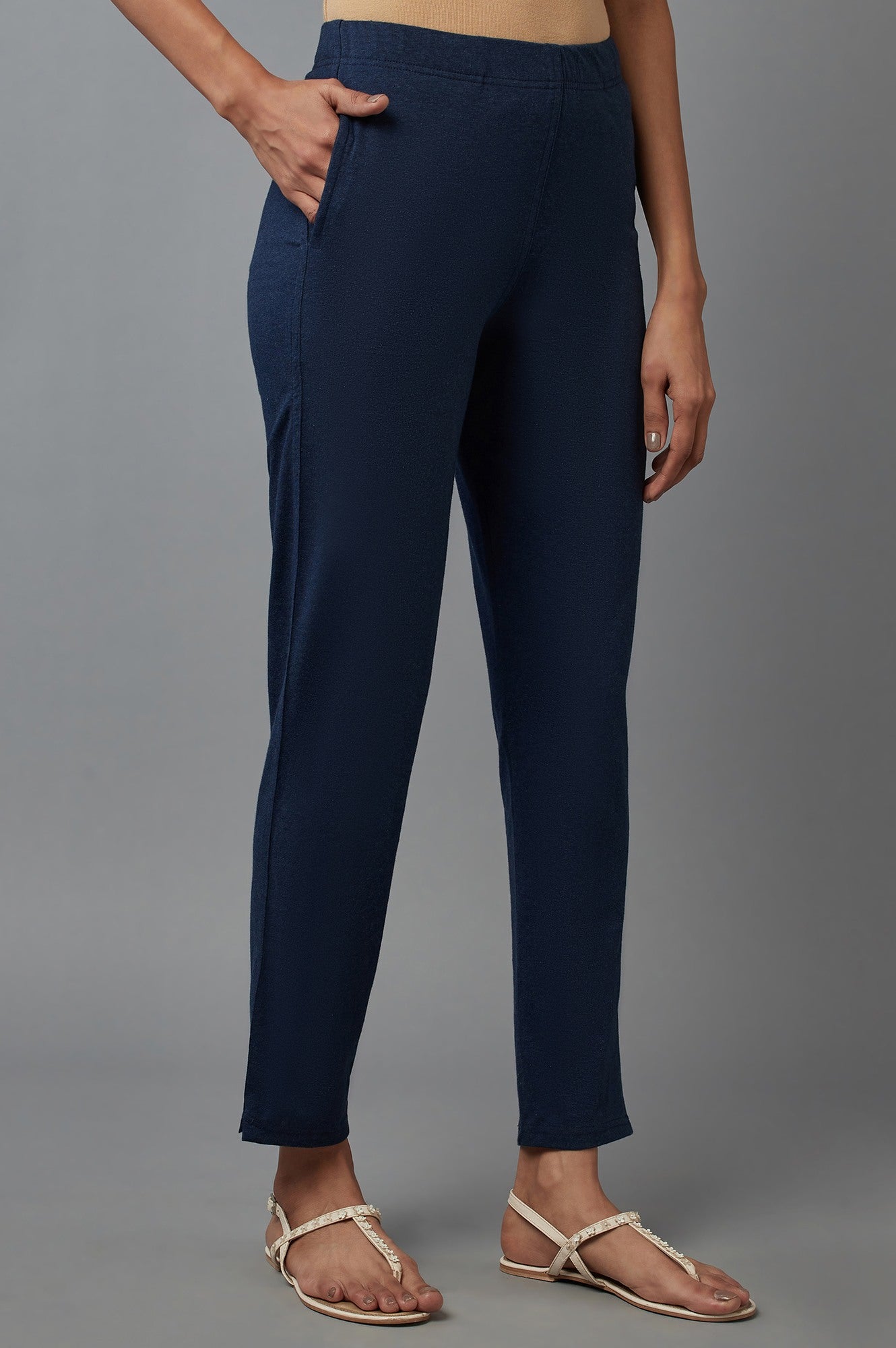Navy Blue Solid Flared Cotton Pants with Elasticated Waist