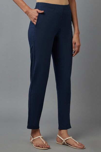 Navy Blue Solid Flared Cotton Pants with Elasticated Waist