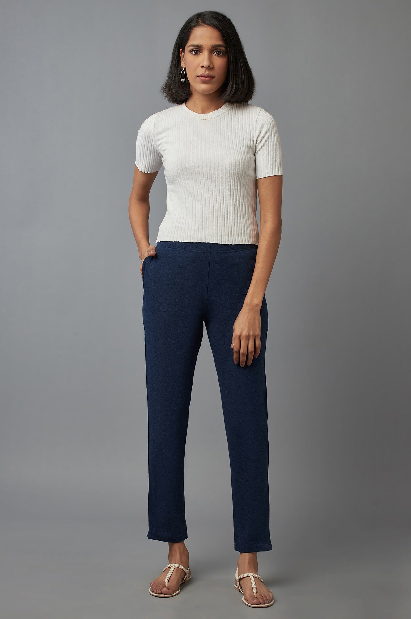 Navy Blue Solid Flared Cotton Pants with Elasticated Waist