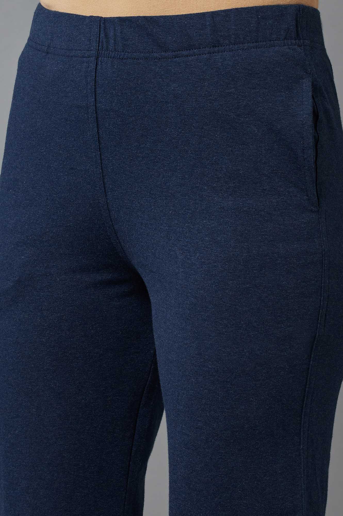 Navy Blue Solid Flared Cotton Pants with Elasticated Waist