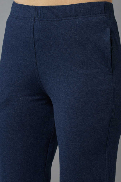 Navy Blue Solid Flared Cotton Pants with Elasticated Waist