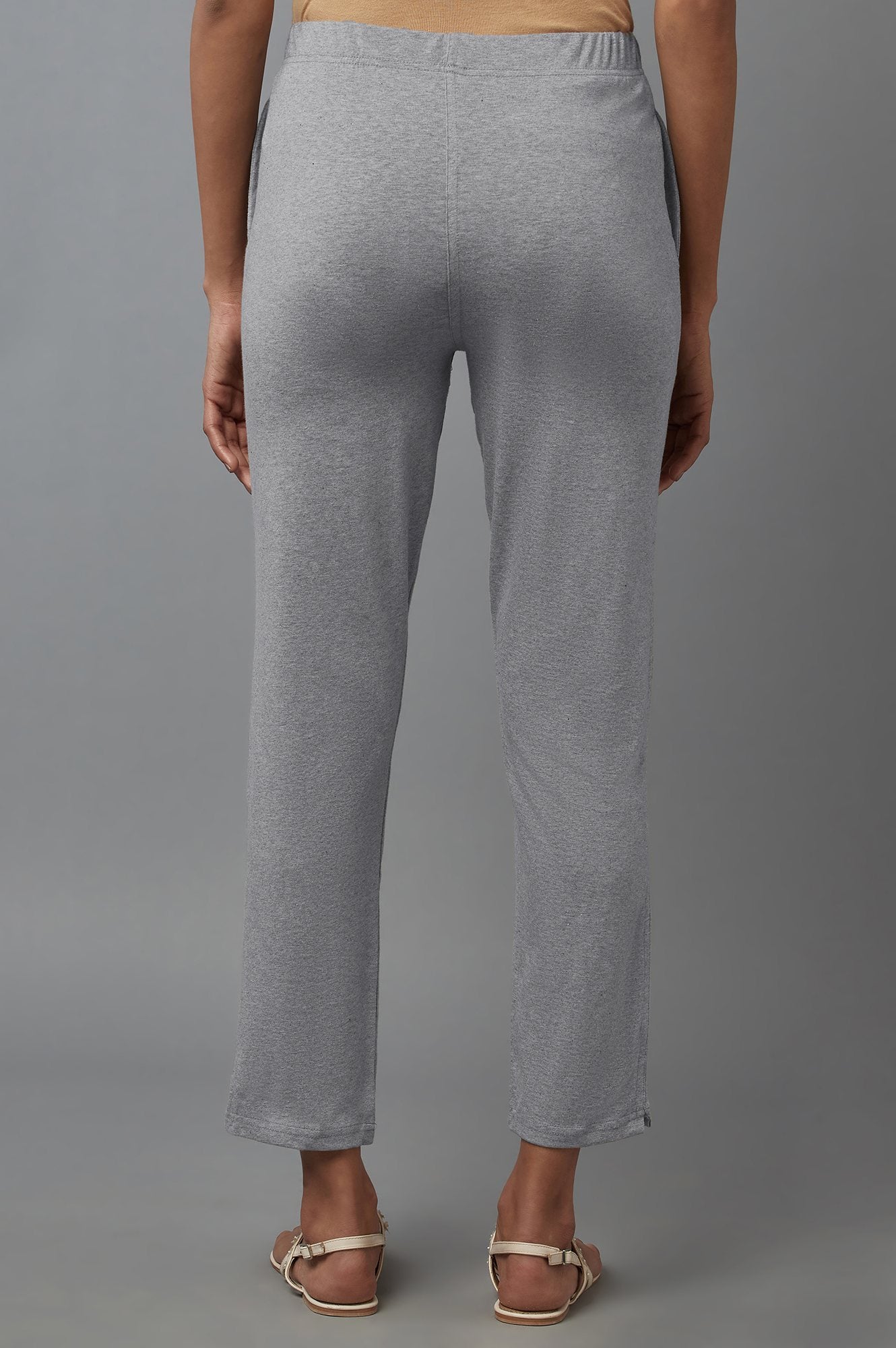 Grey Solid Regular Fit Cotton Pants With Elasticated Waist