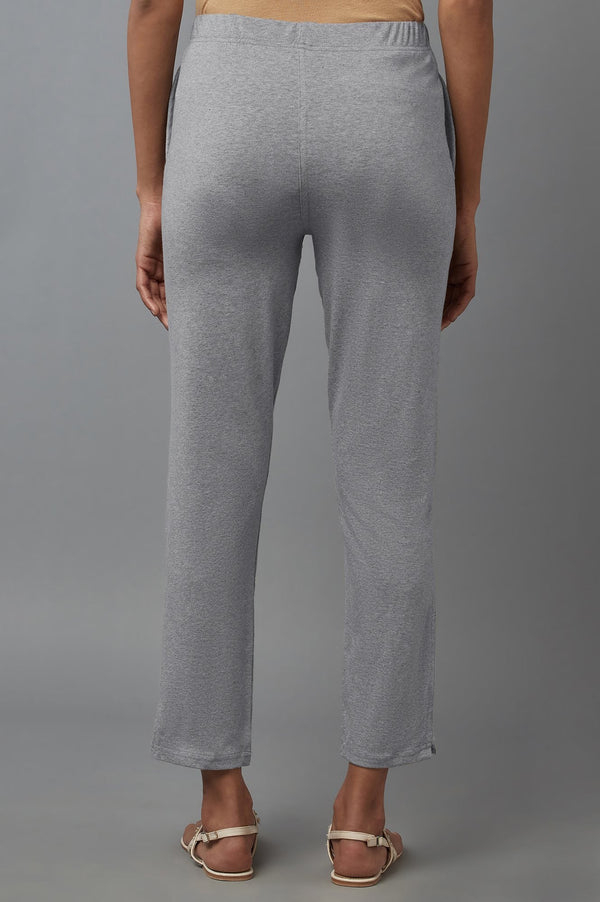 Grey Solid Regular Fit Cotton Pants With Elasticated Waist