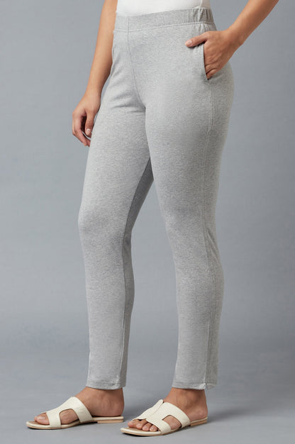 Grey Solid Regular Fit Cotton Pants With Elasticated Waist