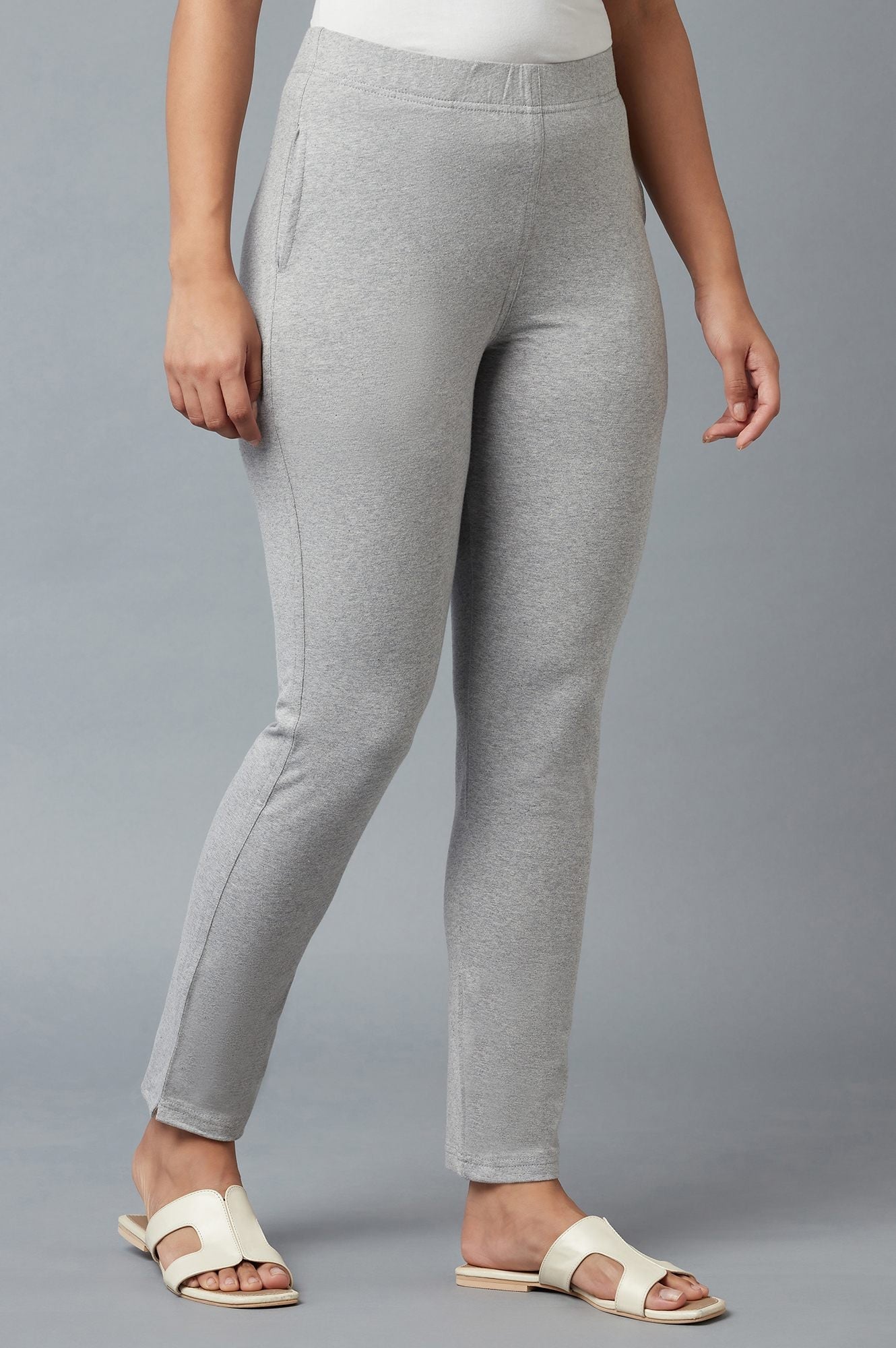 Grey Solid Regular Fit Cotton Pants With Elasticated Waist
