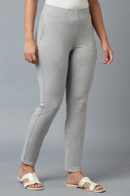 Grey Solid Regular Fit Cotton Pants With Elasticated Waist