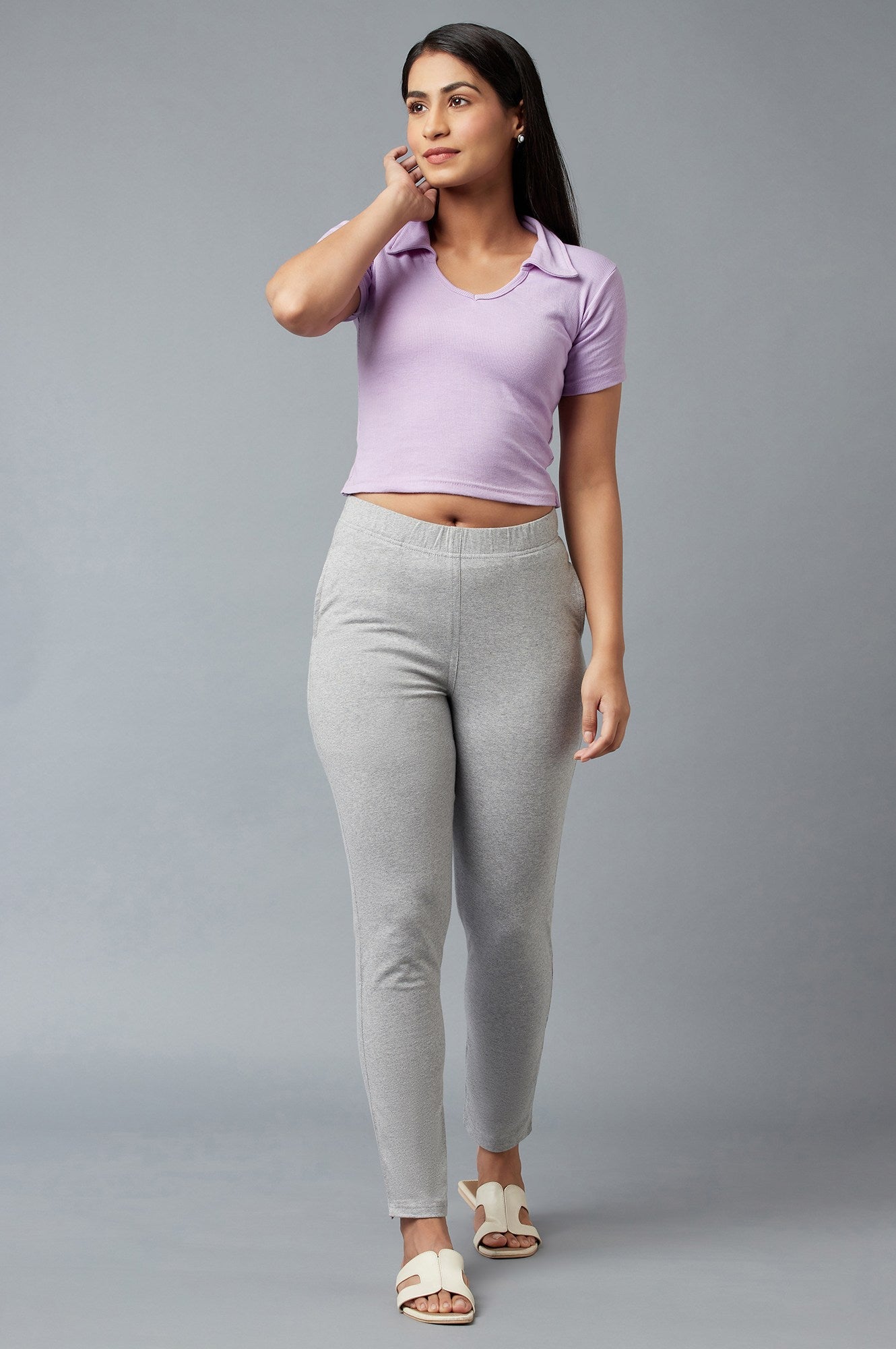 Grey Solid Regular Fit Cotton Pants With Elasticated Waist
