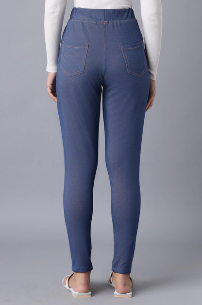Blue Solid Skinny Fit Cotton Jeggings With Elasticated Waist