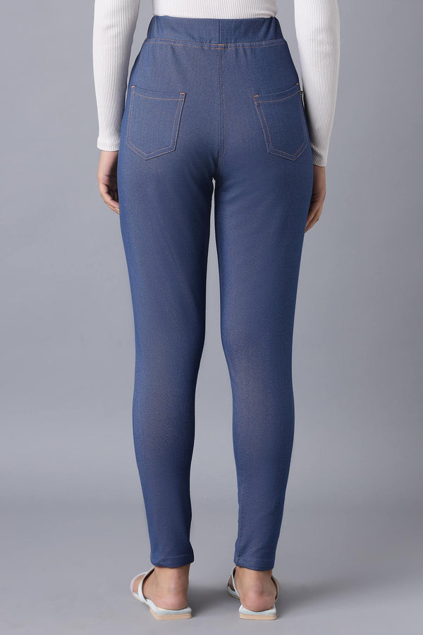 Blue Solid Skinny Fit Cotton Jeggings With Elasticated Waist