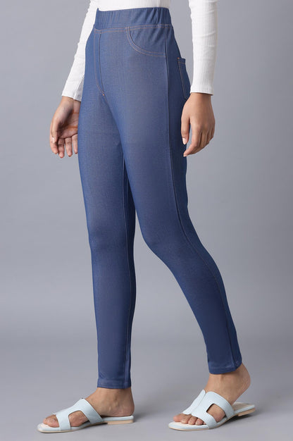 Blue Solid Skinny Fit Cotton Jeggings With Elasticated Waist