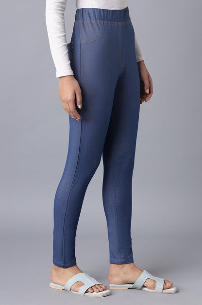 Blue Solid Skinny Fit Cotton Jeggings With Elasticated Waist