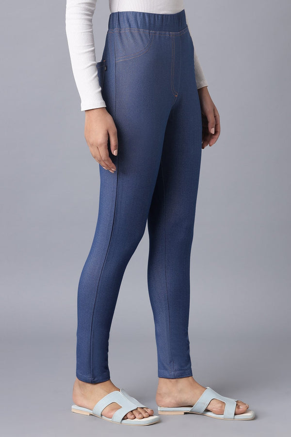 Blue Solid Skinny Fit Cotton Jeggings With Elasticated Waist
