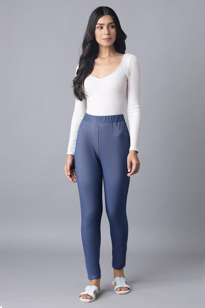 Blue Solid Skinny Fit Cotton Jeggings With Elasticated Waist