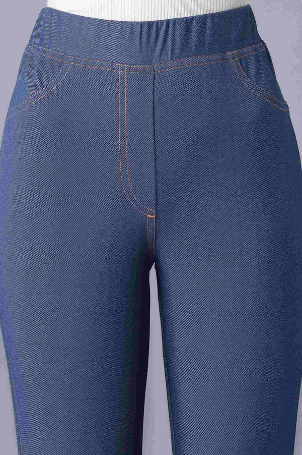 Blue Solid Skinny Fit Cotton Jeggings With Elasticated Waist