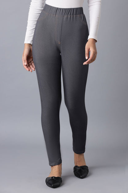 Grey Solid Skinny Fit Cotton Jeggings With Elasticated Waist