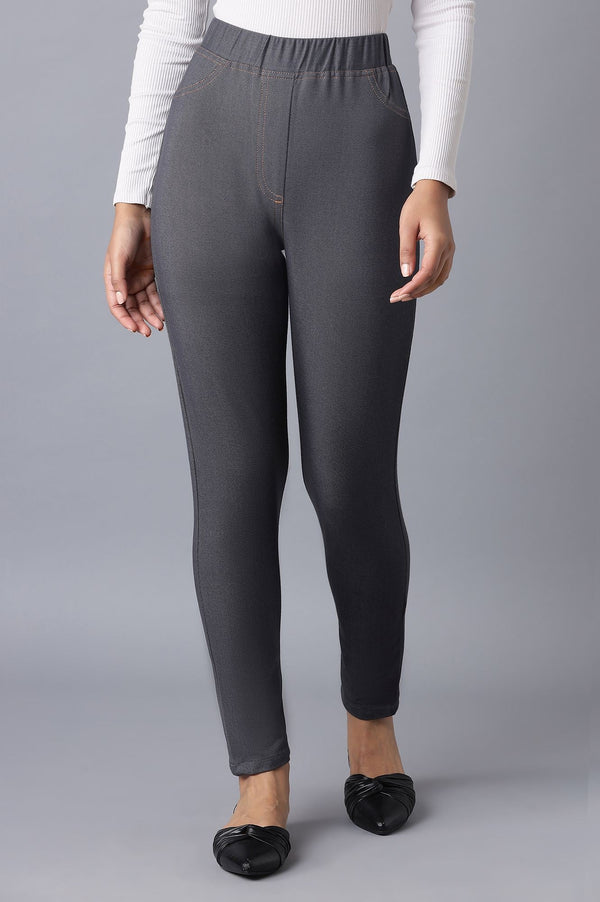 Grey Solid Skinny Fit Cotton Jeggings With Elasticated Waist