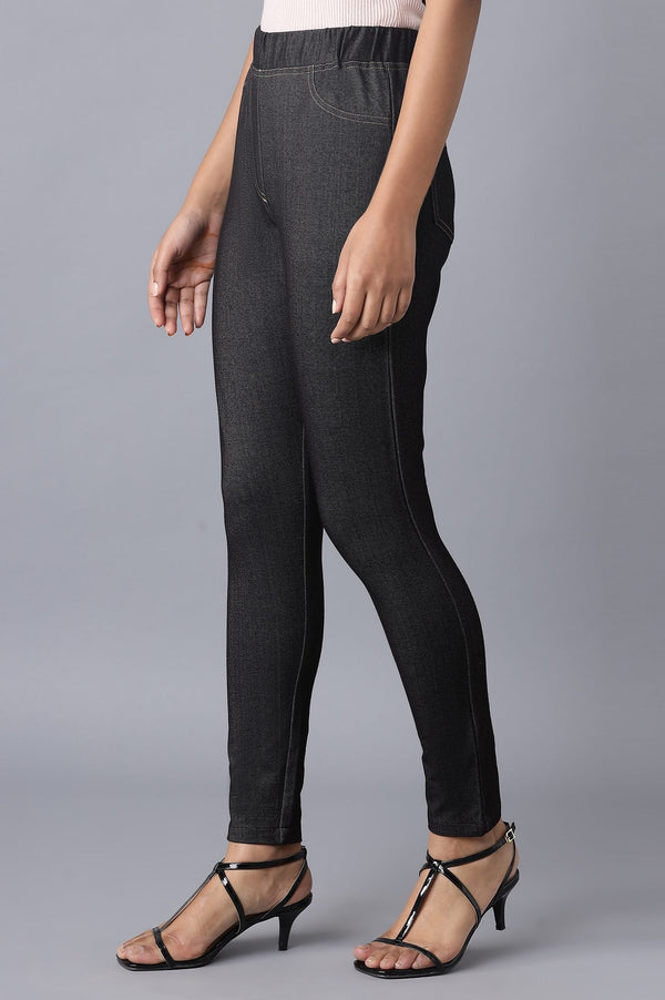 Black Solid Skinny Fit Cotton Jeggings With Elasticated Waist