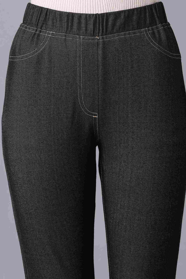 Black Solid Skinny Fit Cotton Jeggings With Elasticated Waist