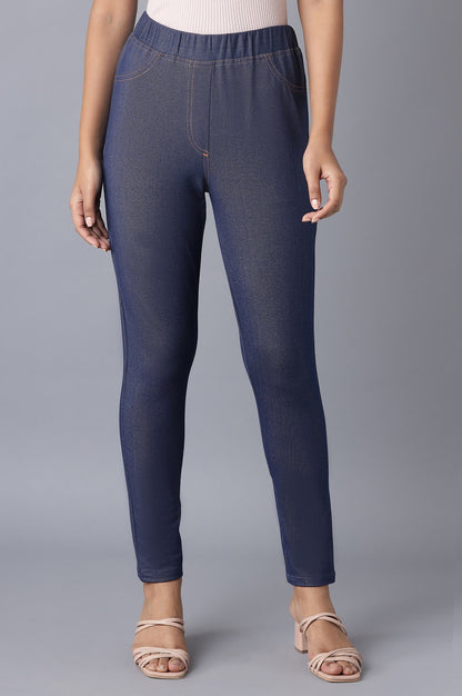 Navy Blue Solid Skinny Fit Cotton Jeggings With Elasticated Waist