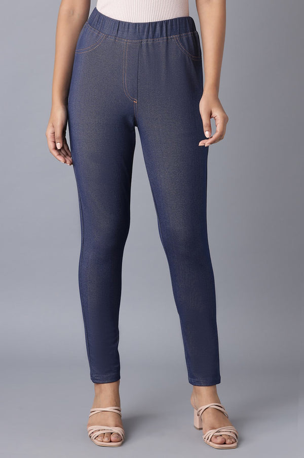 Navy Blue Solid Skinny Fit Cotton Jeggings With Elasticated Waist