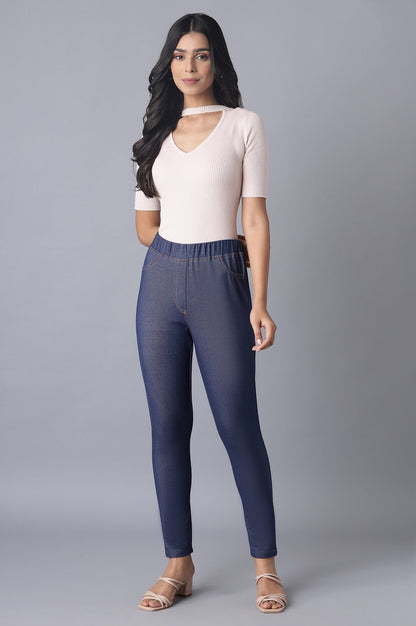 Navy Blue Solid Skinny Fit Cotton Jeggings With Elasticated Waist