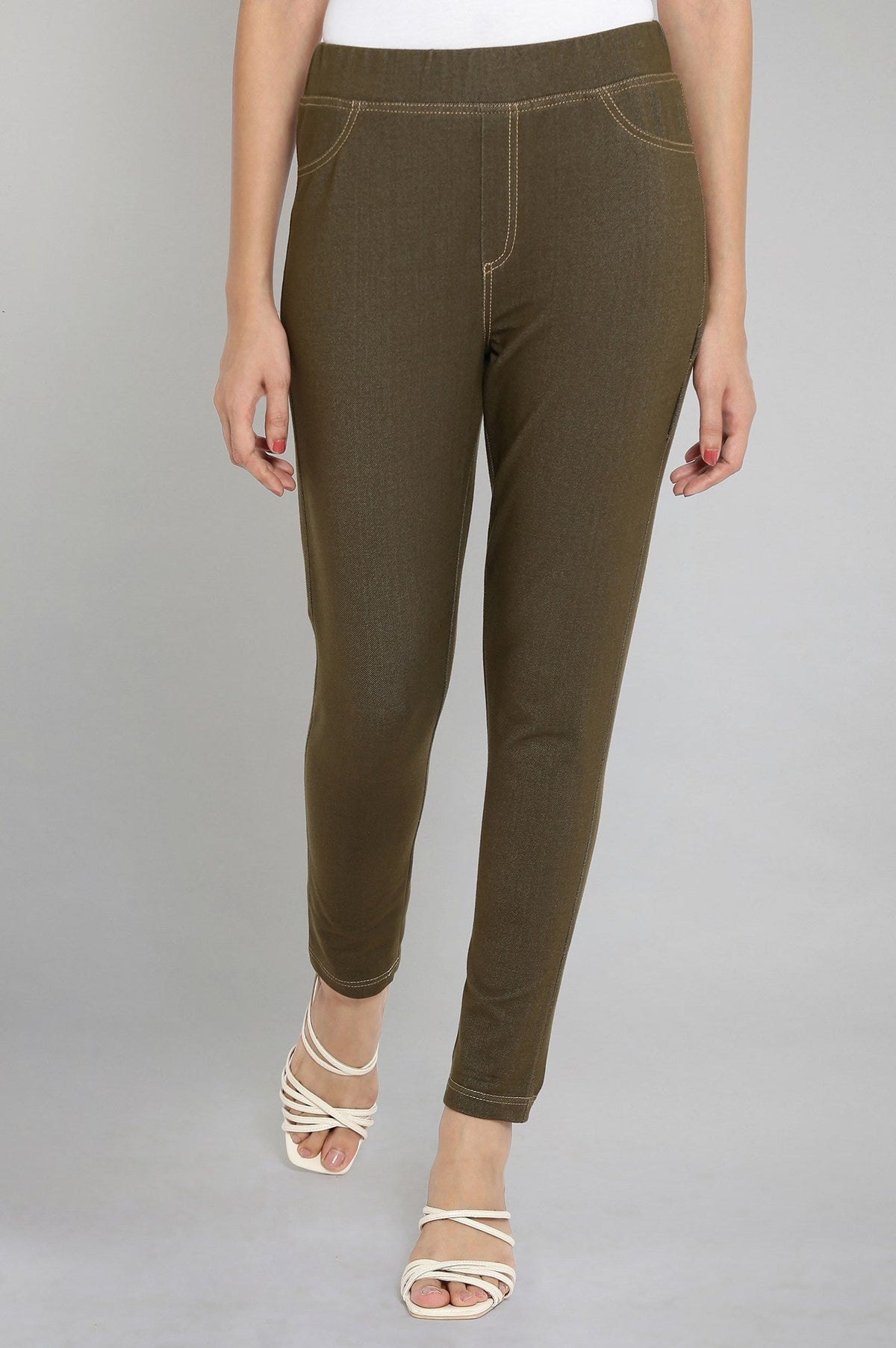 Olive Green Solid Straight-fit Cotton Jeggings with Elasticated Waistband - S