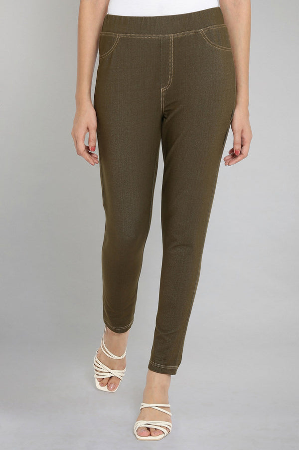 Olive Green Solid Straight-fit Cotton Jeggings with Elasticated Waistband