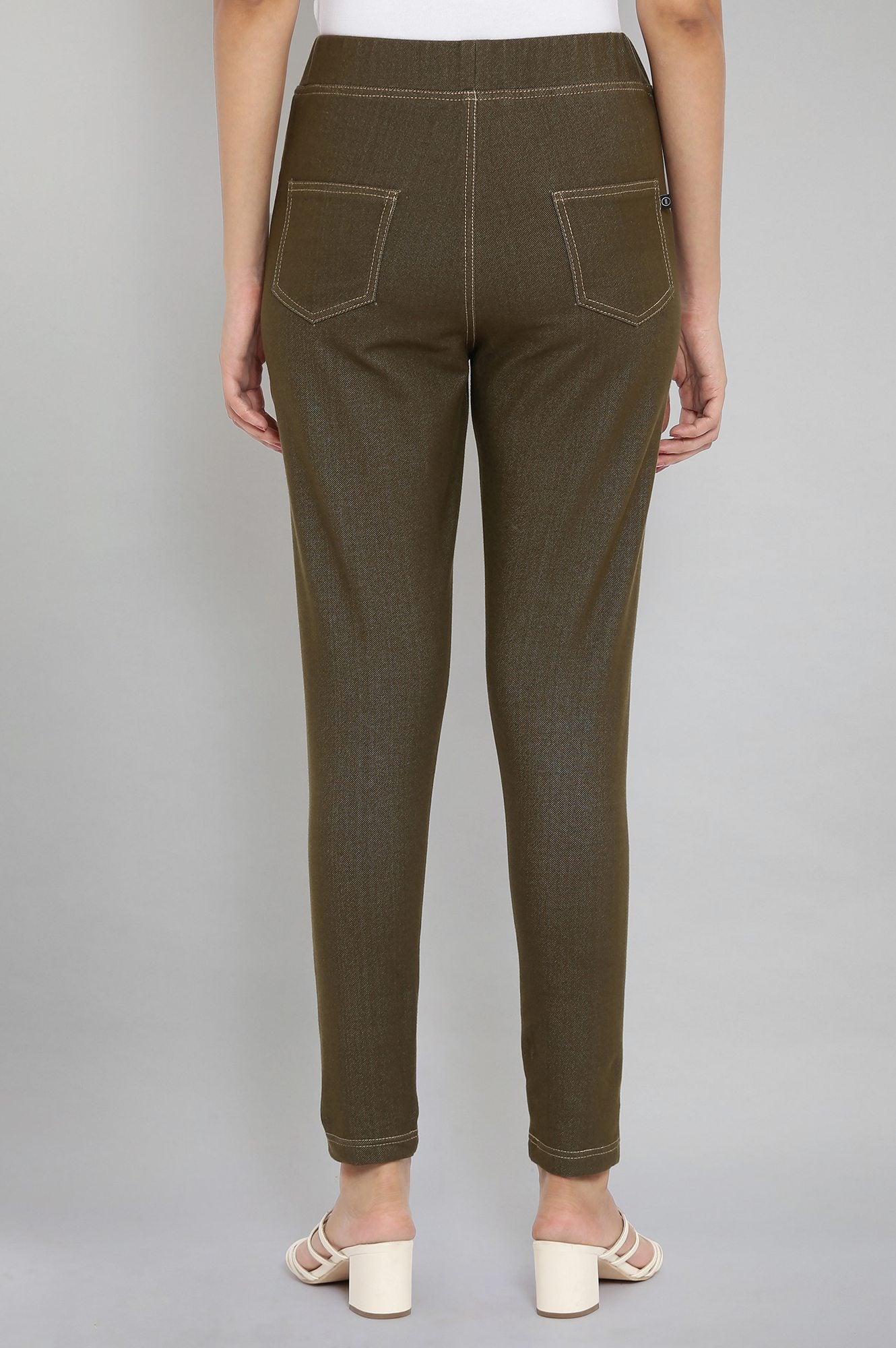 Olive Green Solid Straight-fit Cotton Jeggings with Elasticated Waistband