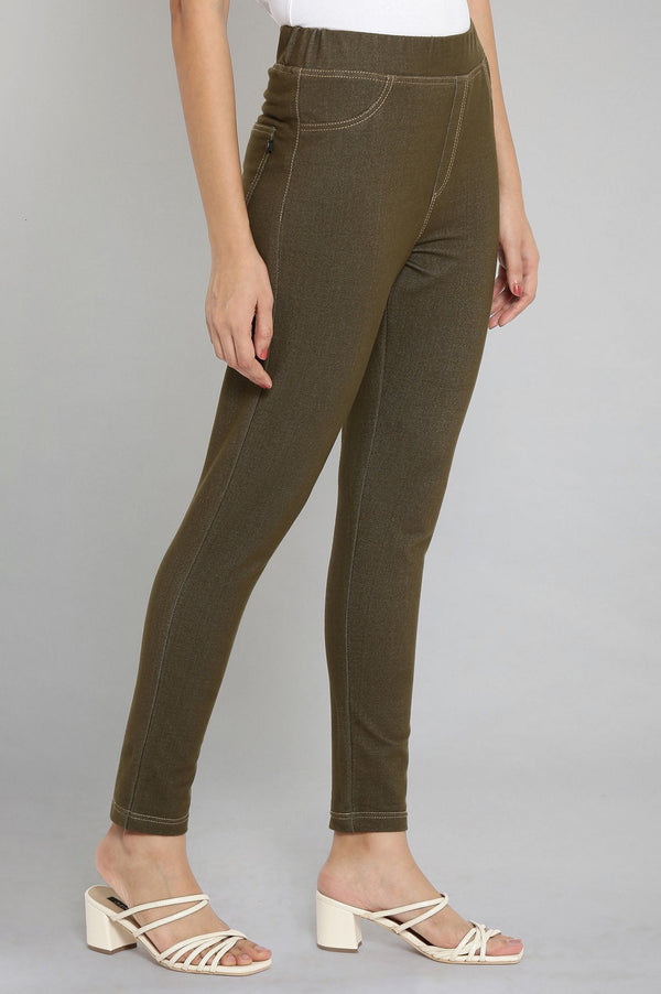 Olive Green Solid Straight-fit Cotton Jeggings with Elasticated Waistband