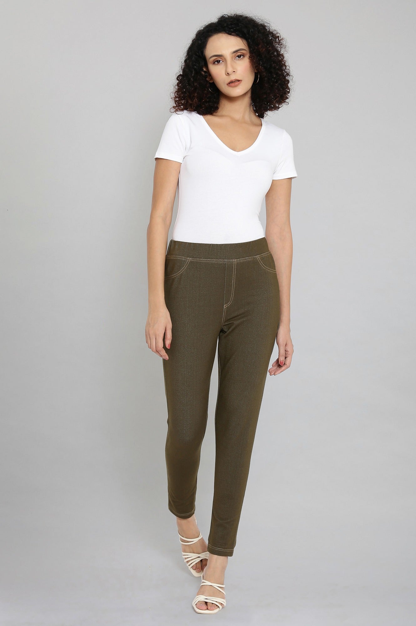 Olive Green Solid Straight-fit Cotton Jeggings with Elasticated Waistband