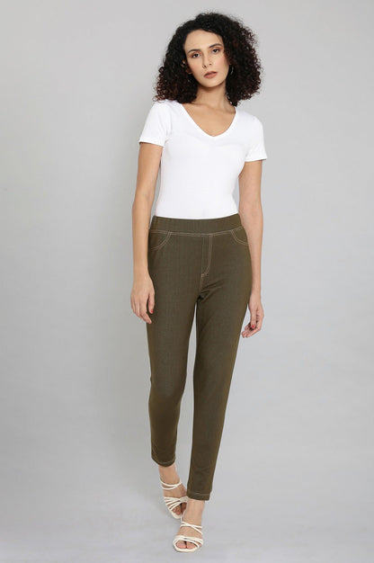 Olive Green Solid Straight-fit Cotton Jeggings with Elasticated Waistband