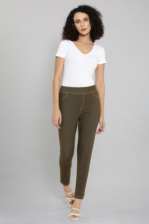 Olive Green Solid Straight-fit Cotton Jeggings with Elasticated Waistband