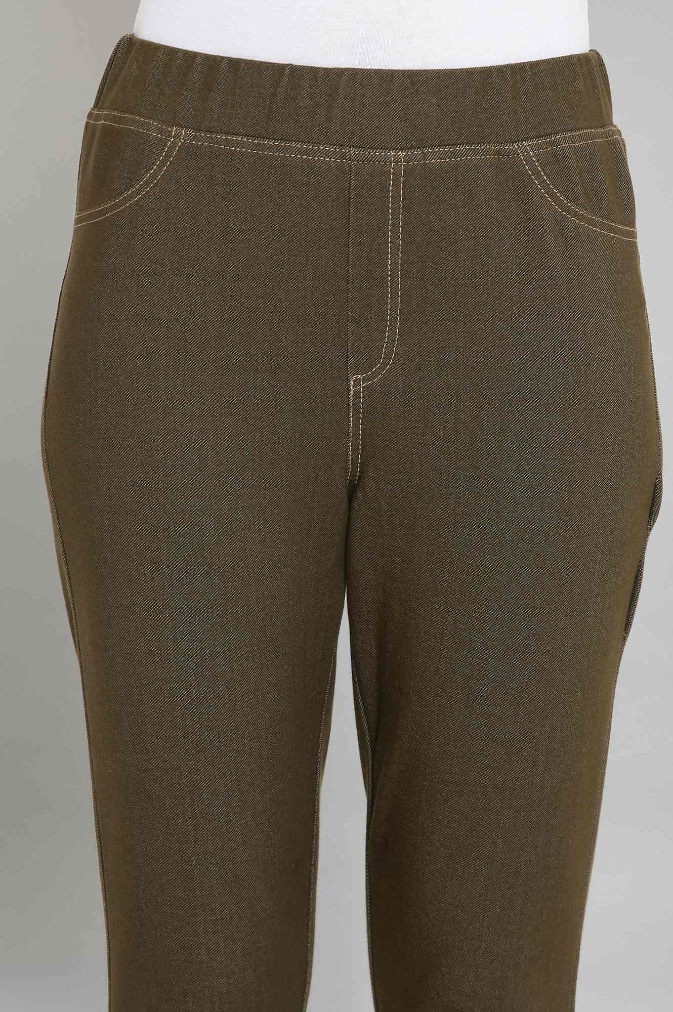 Olive Green Solid Straight-fit Cotton Jeggings with Elasticated Waistband