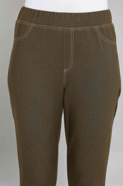 Olive Green Solid Straight-fit Cotton Jeggings with Elasticated Waistband