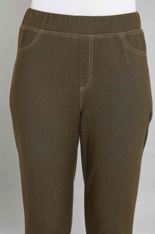 Olive Green Solid Straight-fit Cotton Jeggings with Elasticated Waistband
