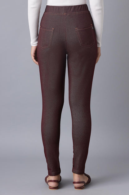 Maroon Solid Skinny Fit Cotton Jeggings With Elasticated Waist