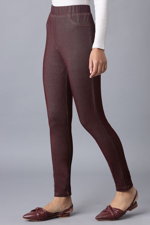 Maroon Solid Skinny Fit Cotton Jeggings With Elasticated Waist