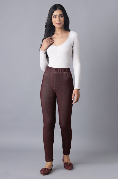 Maroon Solid Skinny Fit Cotton Jeggings With Elasticated Waist
