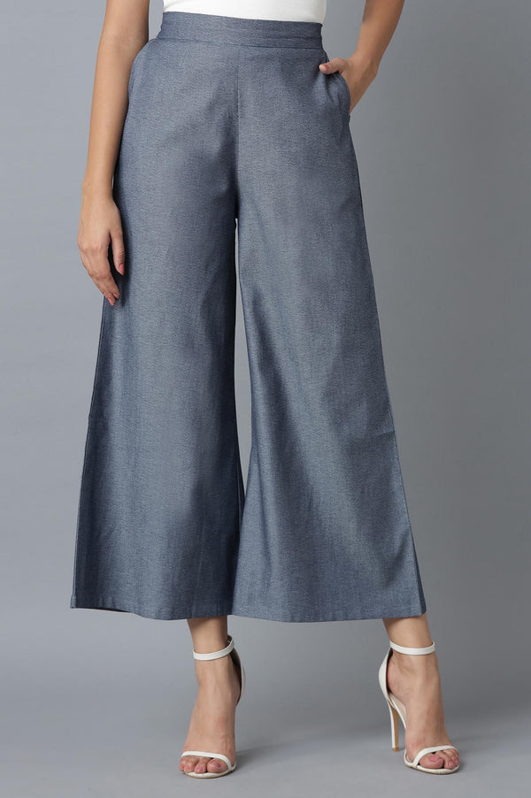Blue Solid Flared Denim Palazzo With Elasticated Waist