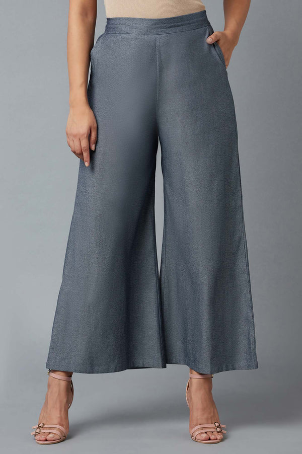 Blue Solid Flared Denim Palazzo With Elasticated Waist