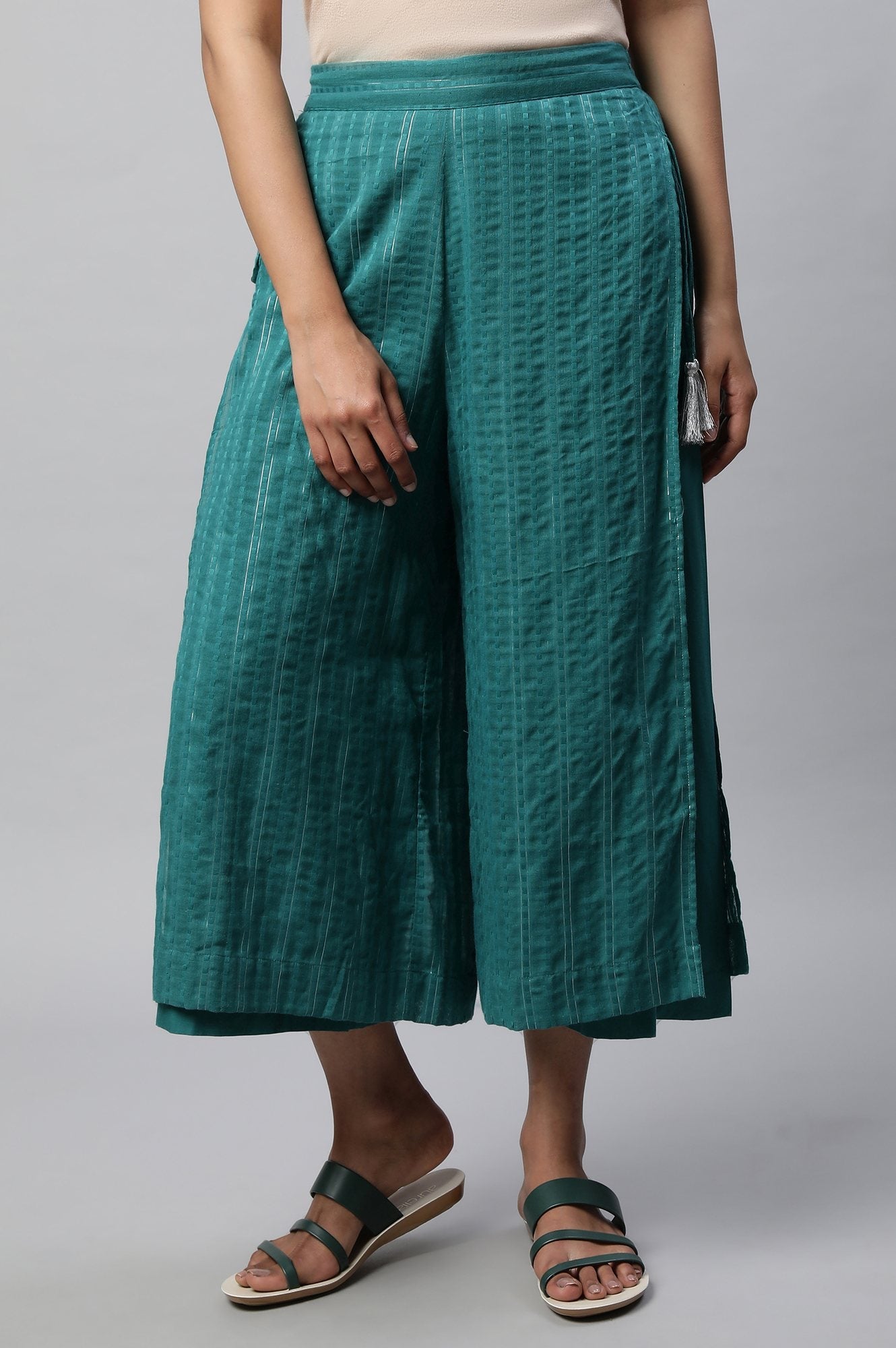 Teal Green Textured Wide-leg Cotton Palazzo with Drawstring