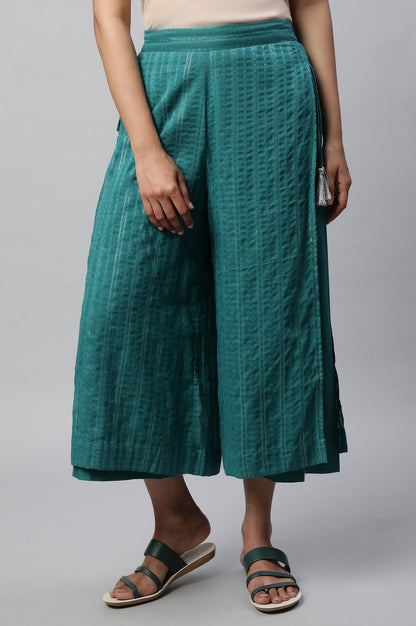 Teal Green Textured Wide-leg Cotton Palazzo with Drawstring