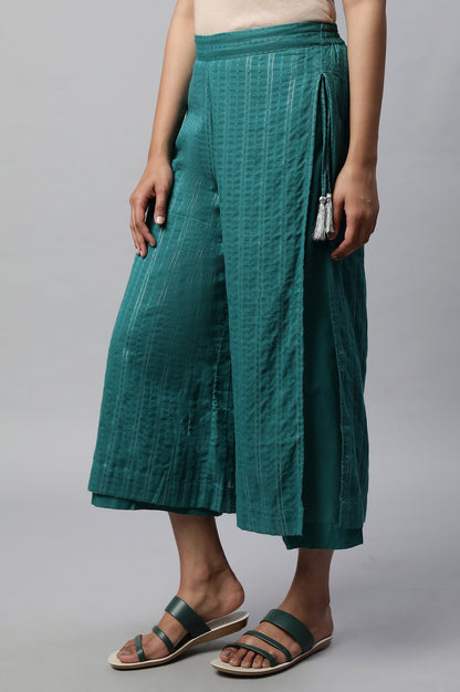 Teal Green Textured Wide-leg Cotton Palazzo with Drawstring