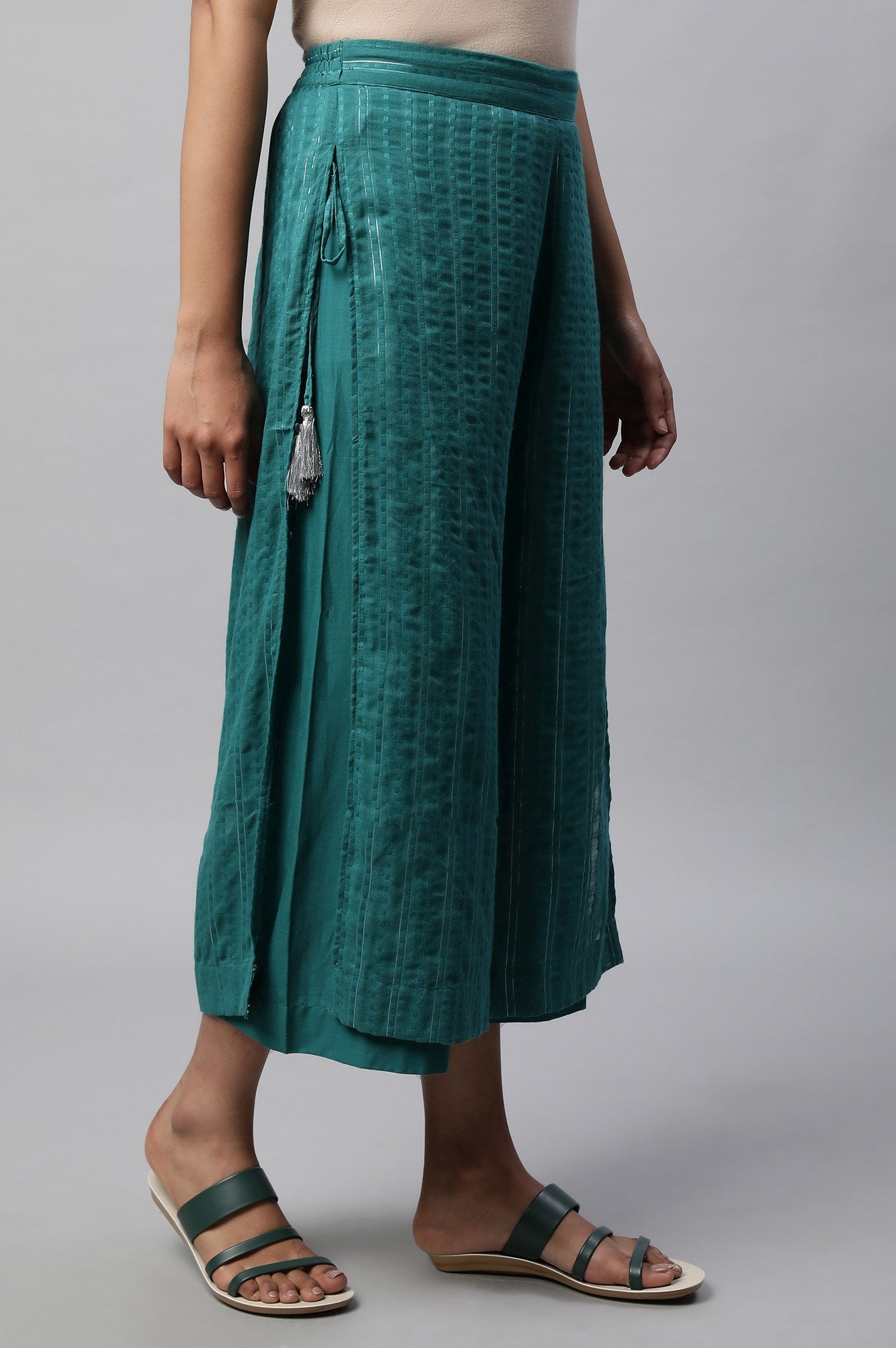 Teal Green Textured Wide-leg Cotton Palazzo with Drawstring